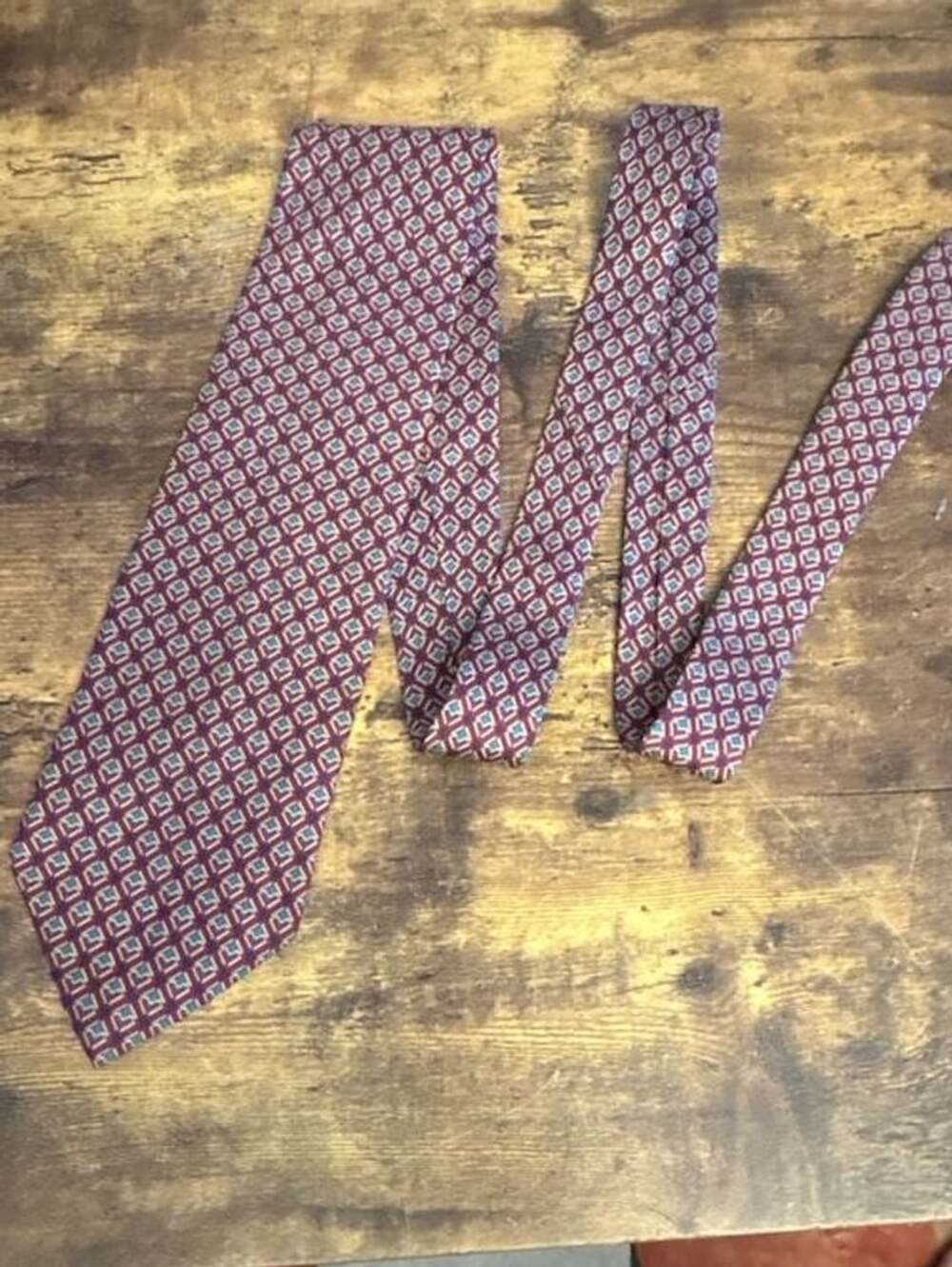 Vintage Christian Dior Monsieur Geometric Diamond Pattern Silk Necktie Red Blue